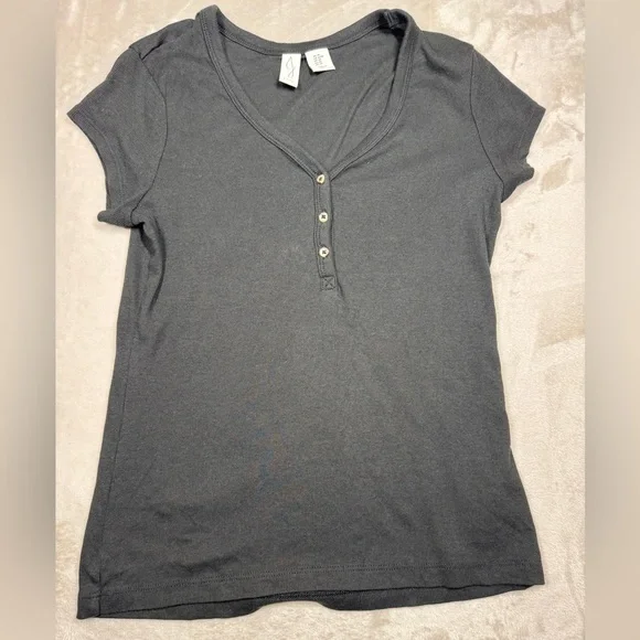 Joie Pima Cotton Blend Black Ribbed Henley Stretchy Short Sleeve Top Size M - Picture 12 of 12
